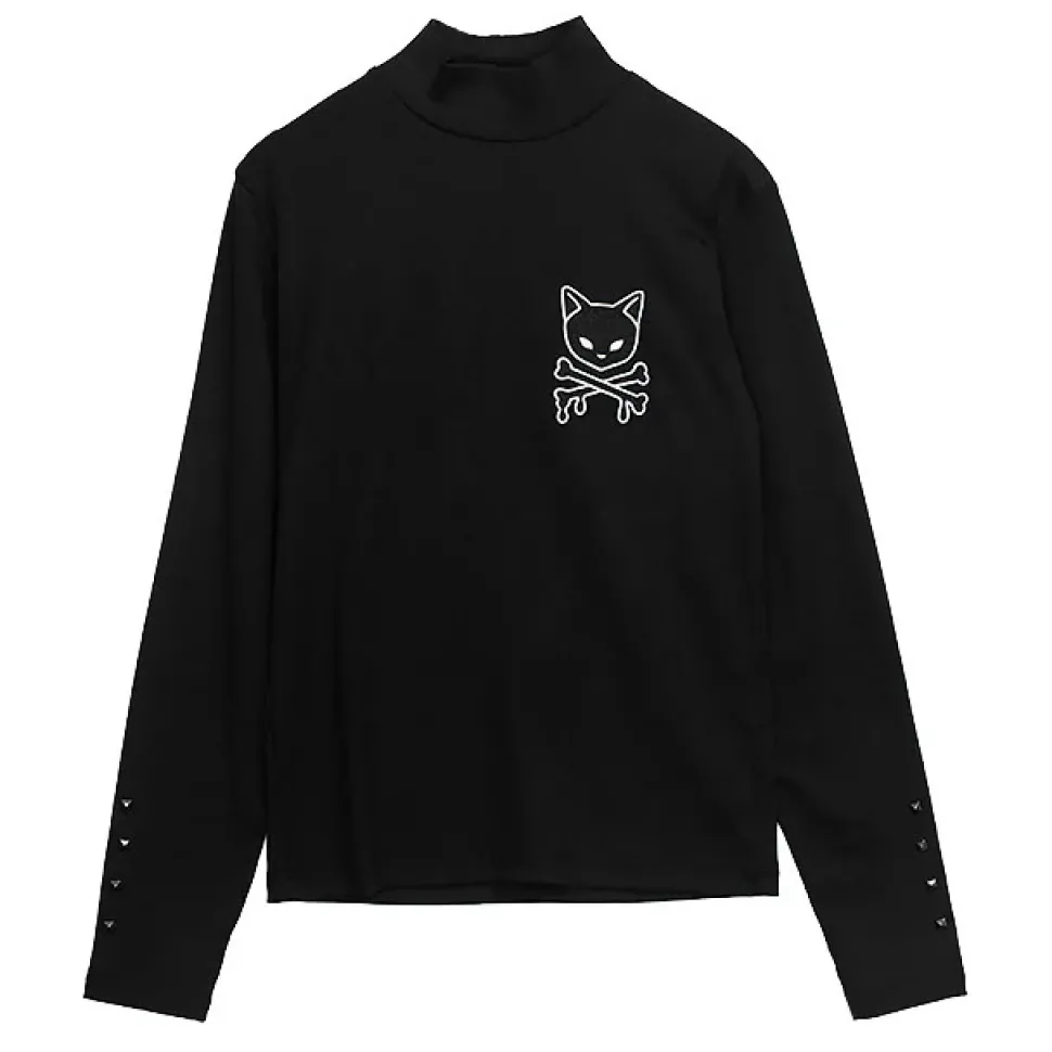 LISTEN FLAVOR Black Cat Studded Ribbed Top