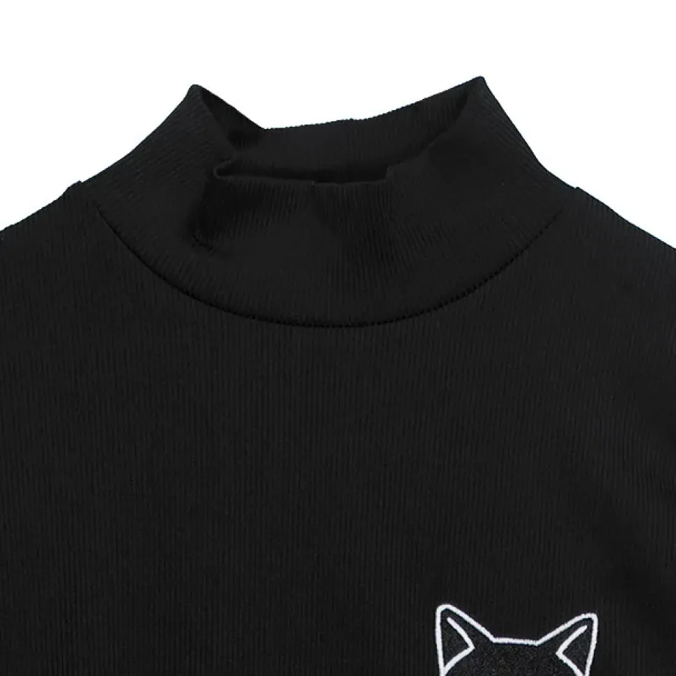 LISTEN FLAVOR Black Cat Studded Ribbed Top