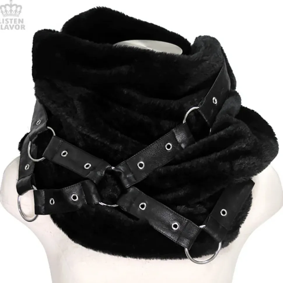 LISTEN FLAVOR Black Cross Harness Fur Snood