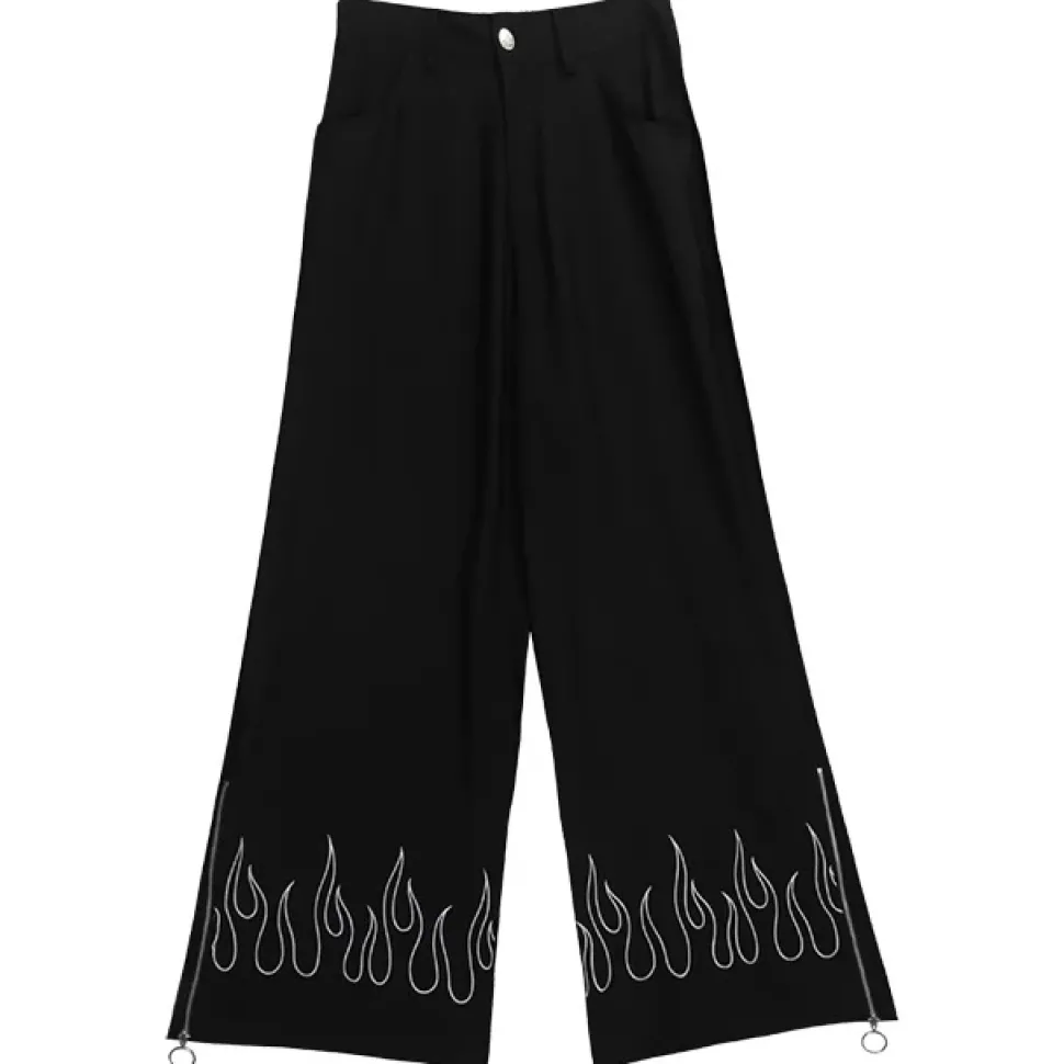 LISTEN FLAVOR Black Fire Embroidered Zip Slit Wide Pants