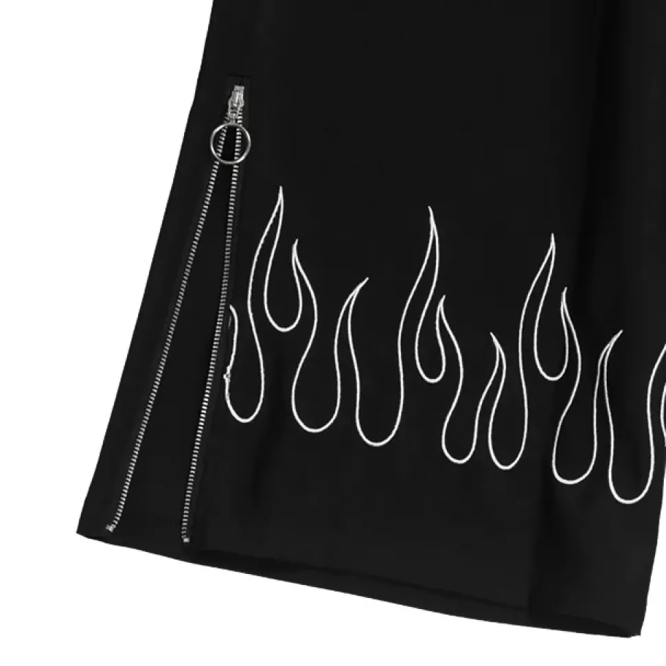 LISTEN FLAVOR Black Fire Embroidered Zip Slit Wide Pants
