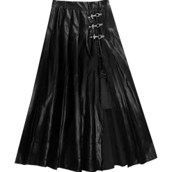 LISTEN FLAVOR Black Leather Fire Buckle Layered-Style Pleated Skirt