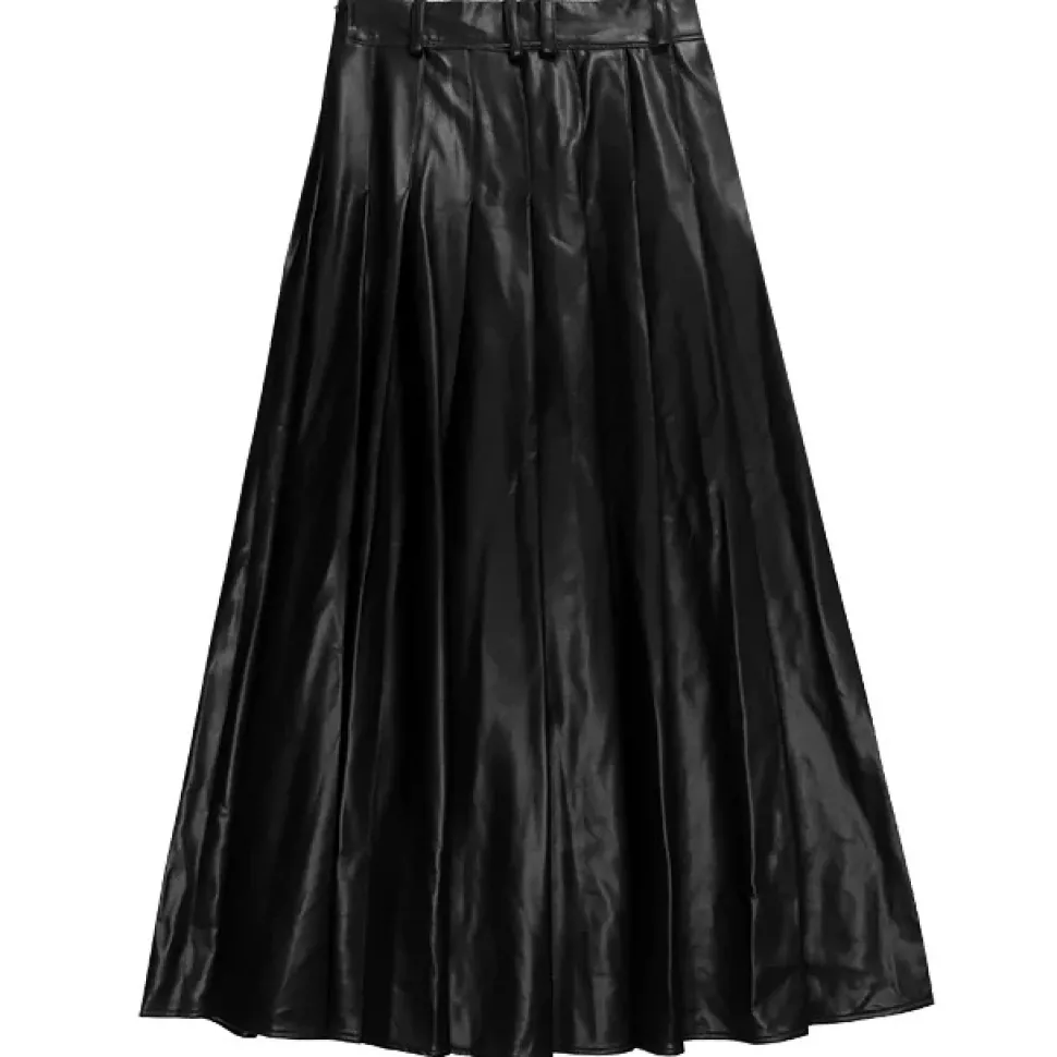 LISTEN FLAVOR Black Leather Fire Buckle Layered-Style Pleated Skirt