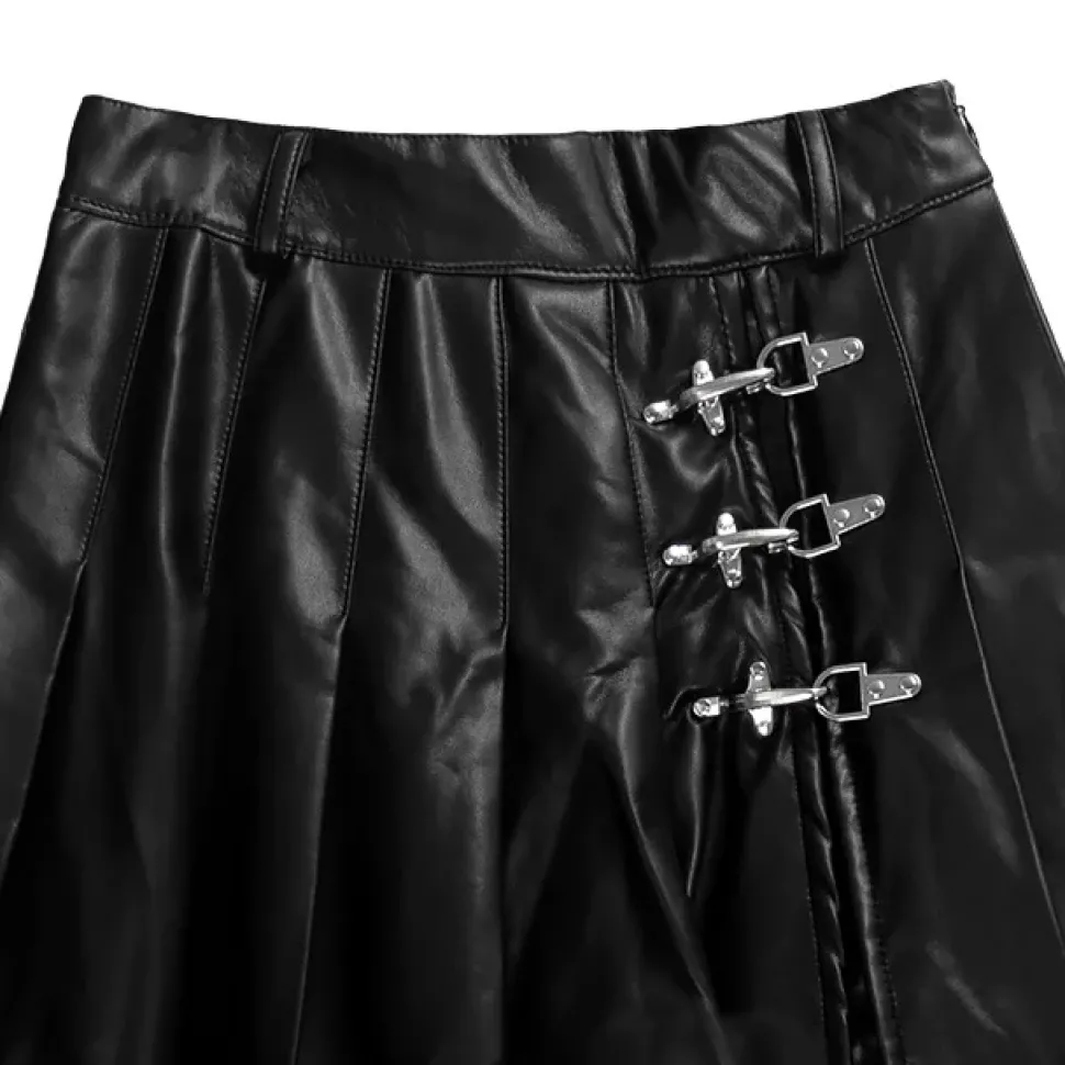 LISTEN FLAVOR Black Leather Fire Buckle Layered-Style Pleated Skirt