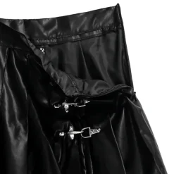 LISTEN FLAVOR Black Leather Fire Buckle Layered-Style Pleated Skirt