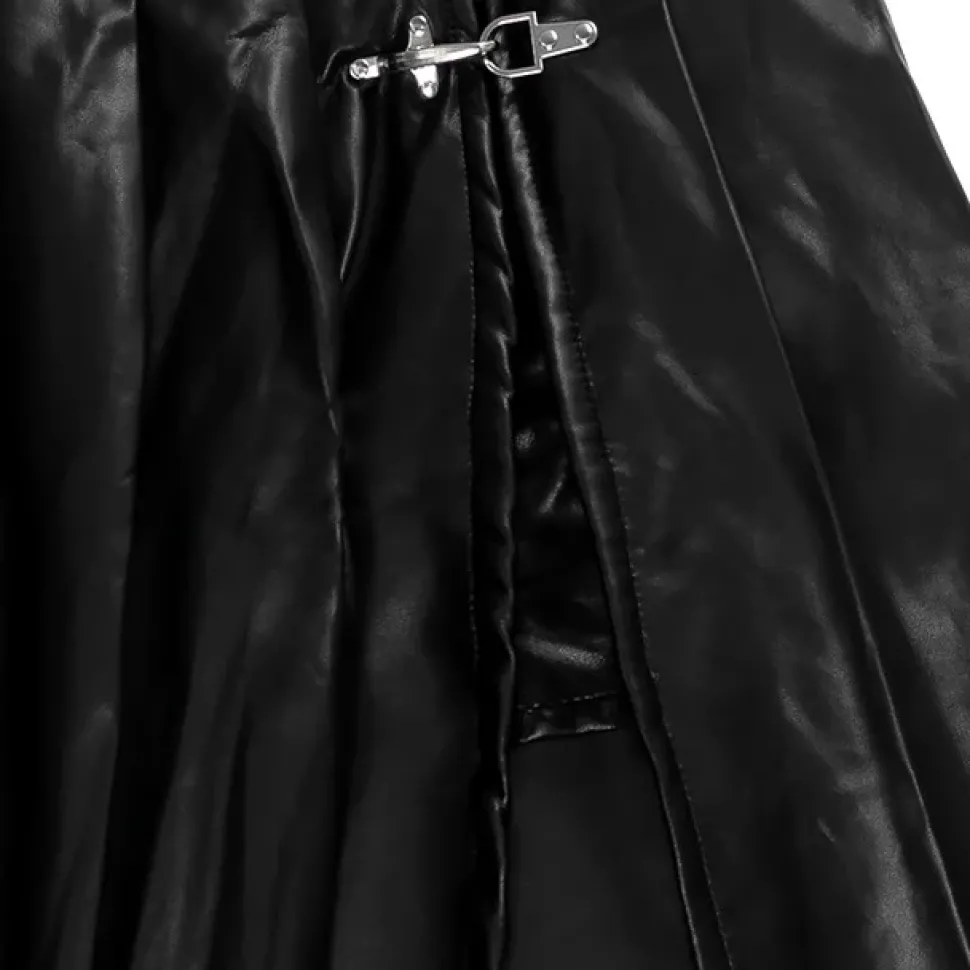LISTEN FLAVOR Black Leather Fire Buckle Layered-Style Pleated Skirt
