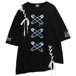 LISTEN FLAVOR Cross Safety Pin Lace-Up Asymmetrical Top