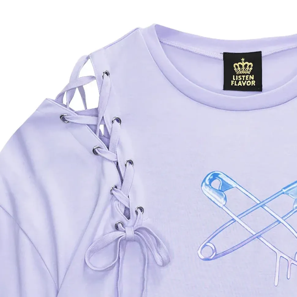 LISTEN FLAVOR Cross Safety Pin Lace-Up Asymmetrical Top