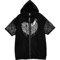LISTEN FLAVOR Cutting Through Heart Switching Mesh Zip Hoodie Black