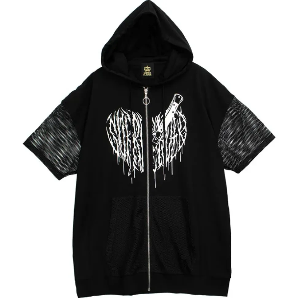 LISTEN FLAVOR Cutting Through Heart Switching Mesh Zip Hoodie Black