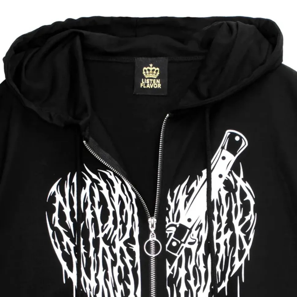 LISTEN FLAVOR Cutting Through Heart Switching Mesh Zip Hoodie Black