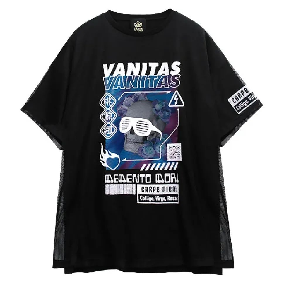 LISTEN FLAVOR Cyber Skull Mesh Layer T-Shirt