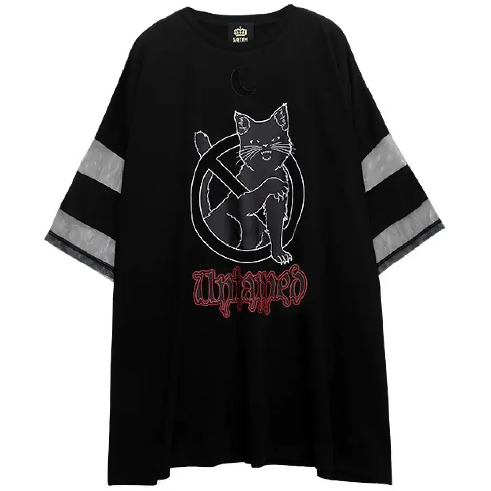LISTEN FLAVOR Dangerous Black Cat Sheer Switching Top