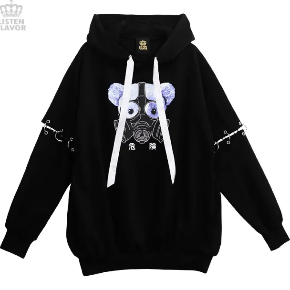 LISTEN FLAVOR Dangerous Gas Mask Bear Ring Sleeve Hoodie