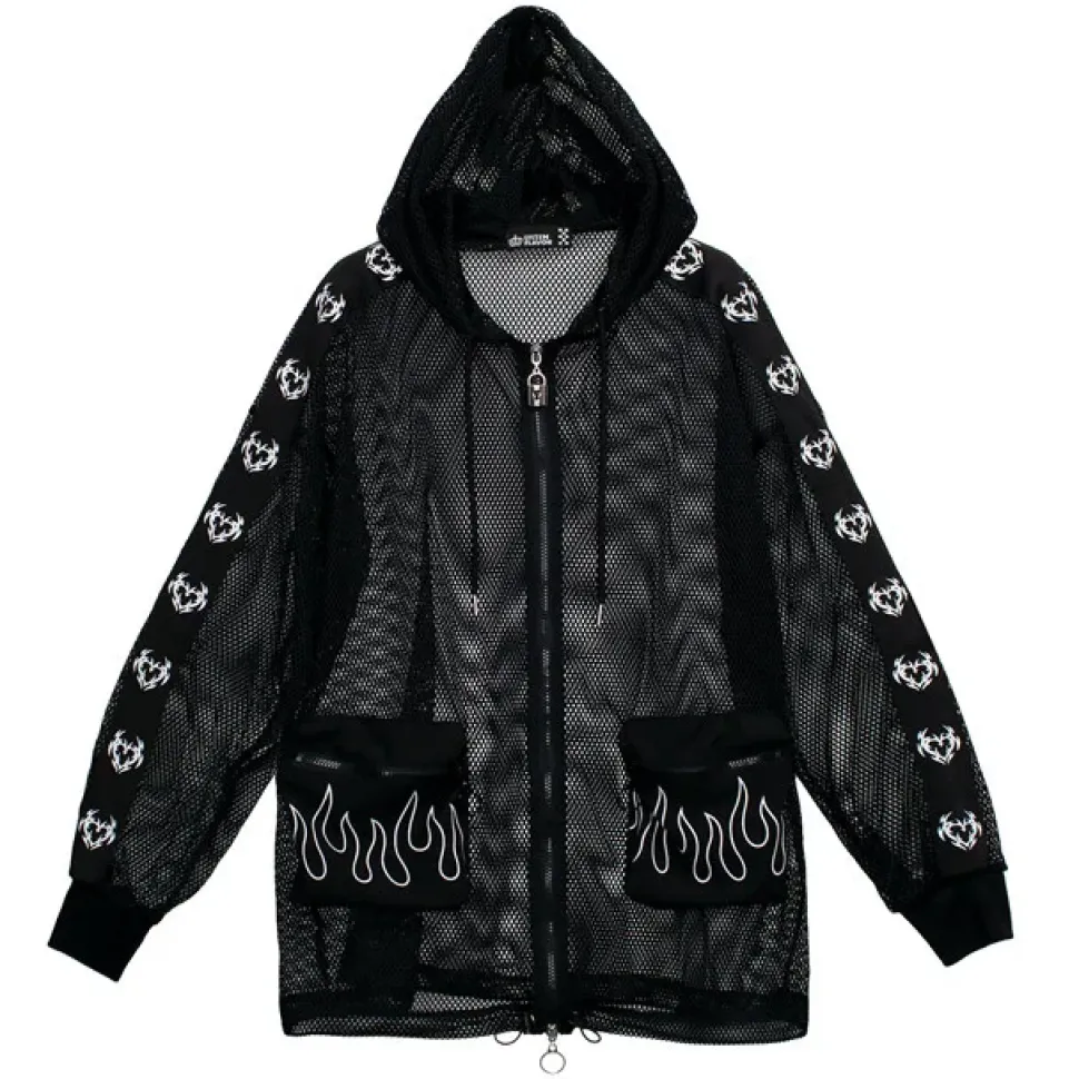 LISTEN FLAVOR Dangerous Heart Sleeve Line Mesh Zip Hoodie Black