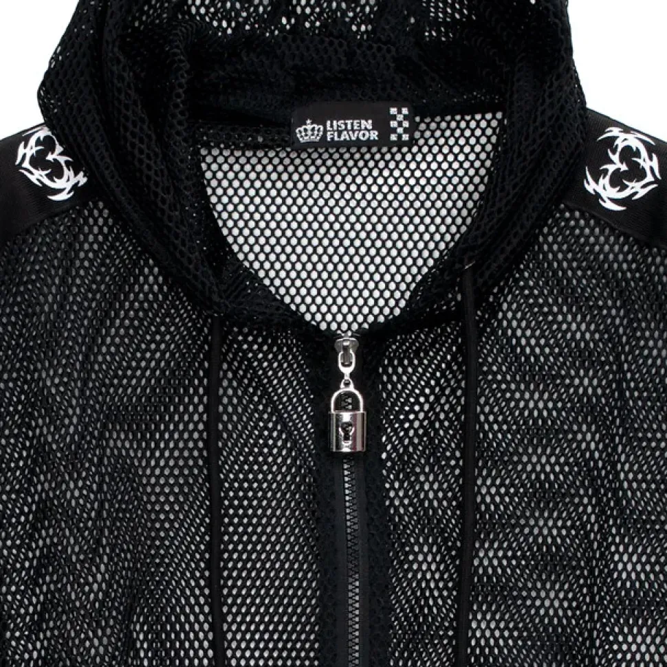LISTEN FLAVOR Dangerous Heart Sleeve Line Mesh Zip Hoodie Black