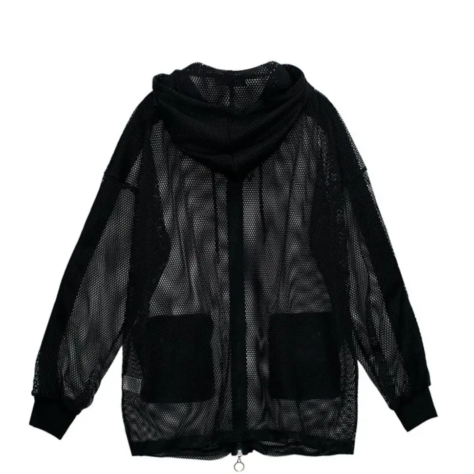 LISTEN FLAVOR Dangerous Heart Sleeve Line Mesh Zip Hoodie Black