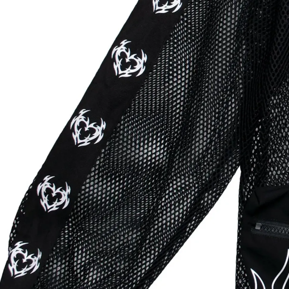 LISTEN FLAVOR Dangerous Heart Sleeve Line Mesh Zip Hoodie Black