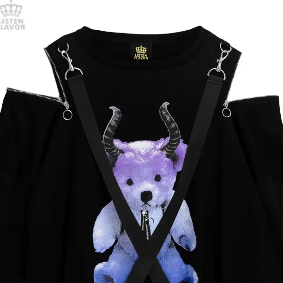 LISTEN FLAVOR Devil Bear Shoulder Zip Big Pullover w/ Straps