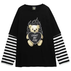 LISTEN FLAVOR Fire Heart Bear Layered-Style Long Sleeve T-Shirt