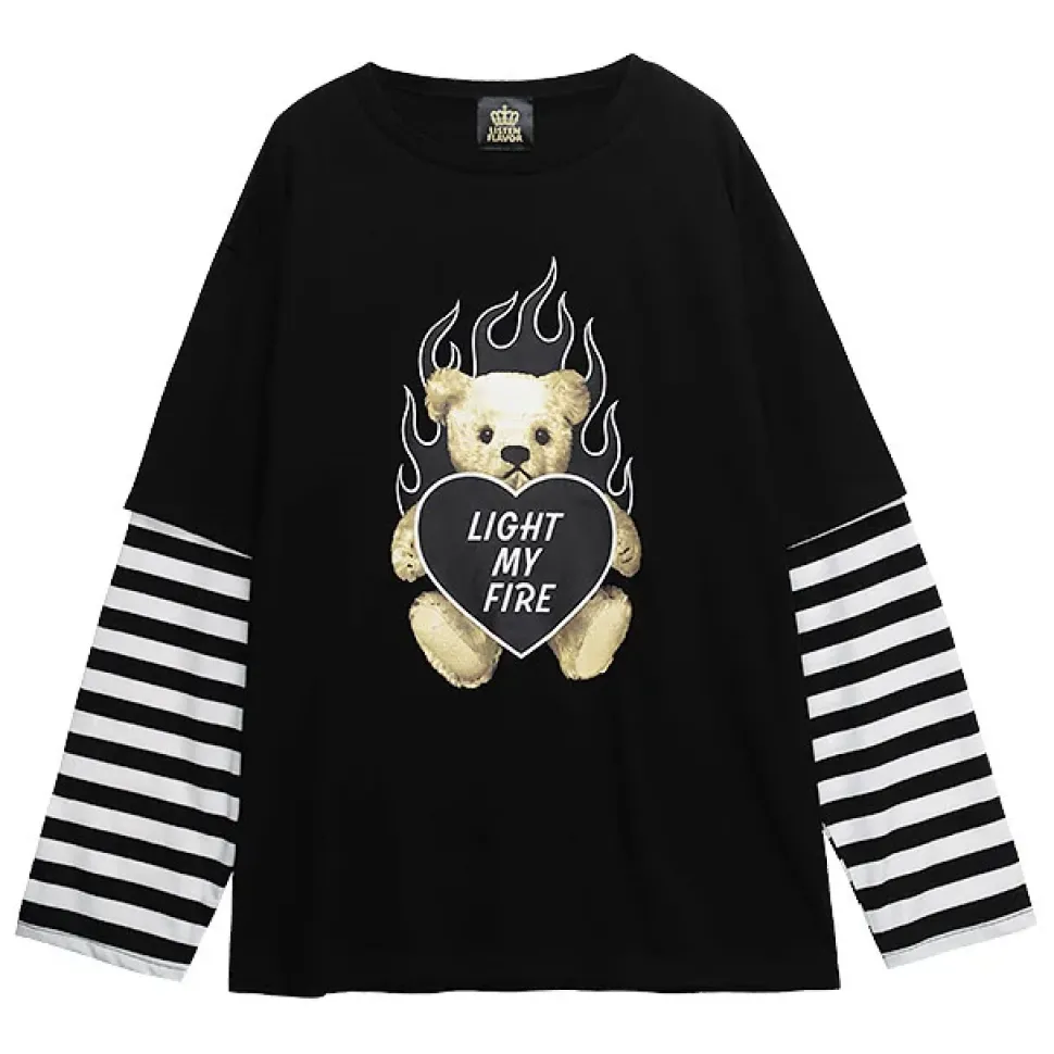 LISTEN FLAVOR Fire Heart Bear Layered-Style Long Sleeve T-Shirt