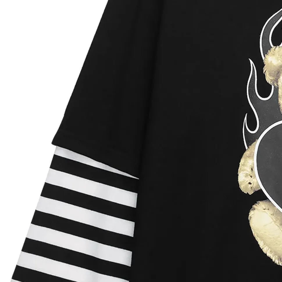 LISTEN FLAVOR Fire Heart Bear Layered-Style Long Sleeve T-Shirt