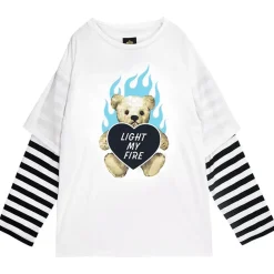 LISTEN FLAVOR Fire Heart Bear Layered-Style Long Sleeve T-Shirt