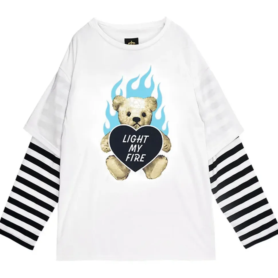 LISTEN FLAVOR Fire Heart Bear Layered-Style Long Sleeve T-Shirt