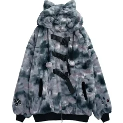 LISTEN FLAVOR Gaming Cat Ear Buckle Fur Blouson