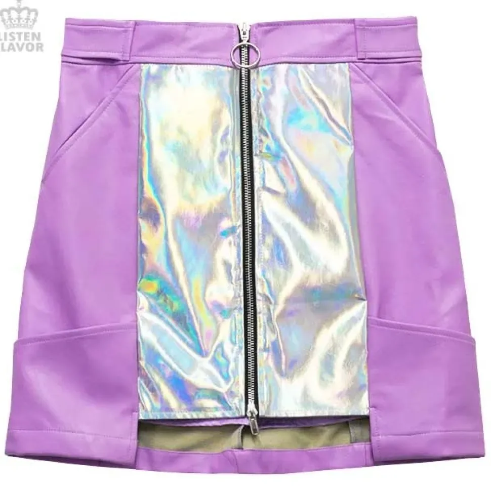LISTEN FLAVOR Holographic Faux Leather Trapezoid Skirt