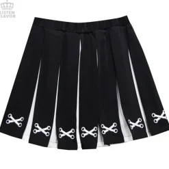 LISTEN FLAVOR Lace-Up Print Two-Tone Pleated Skirt