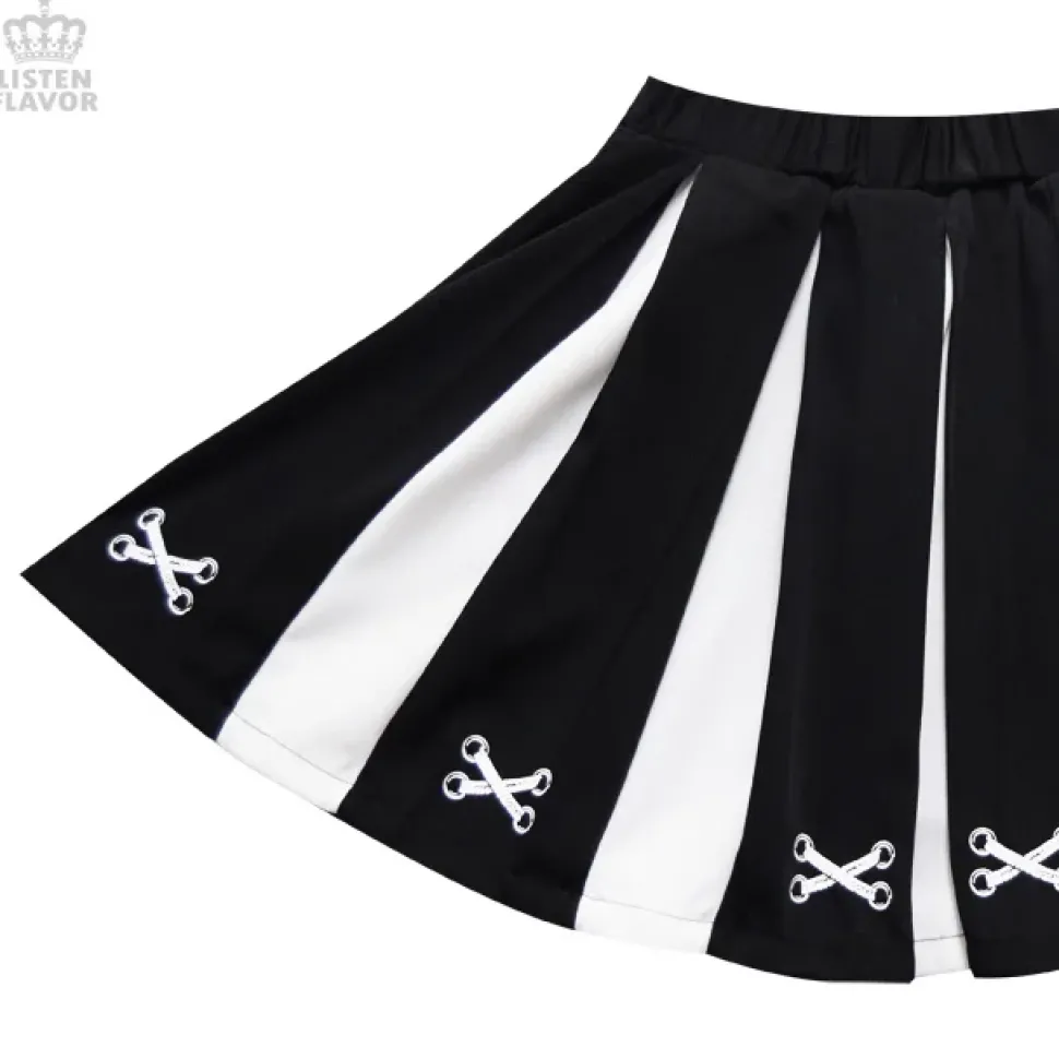 LISTEN FLAVOR Lace-Up Print Two-Tone Pleated Skirt