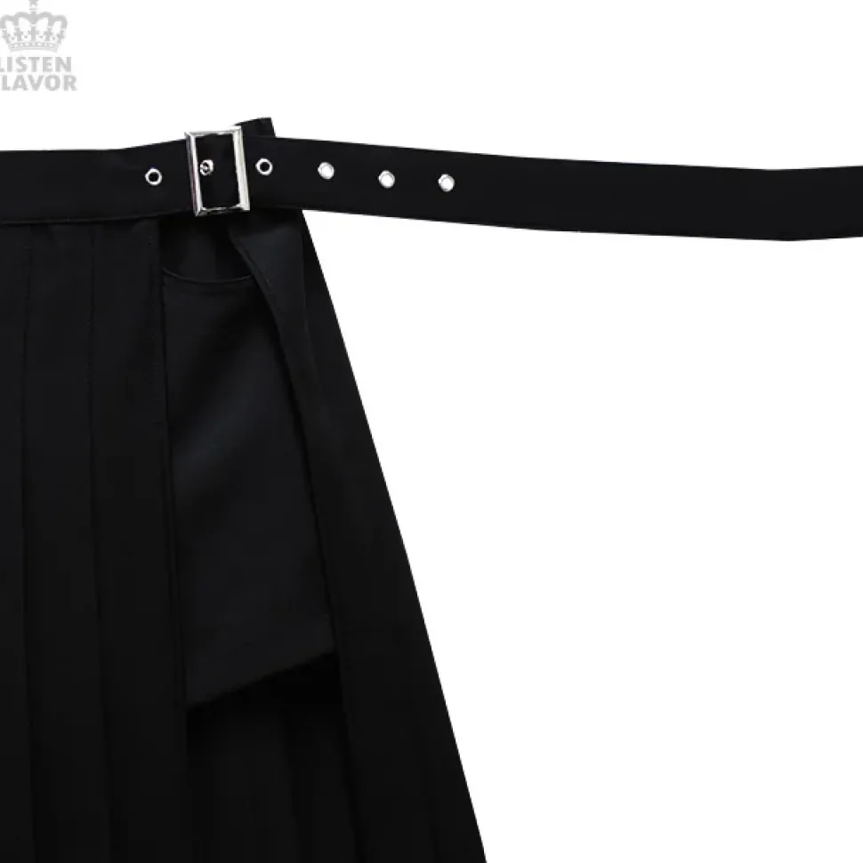 LISTEN FLAVOR Layered Pleated Long Flap Skirt w/ Shorts