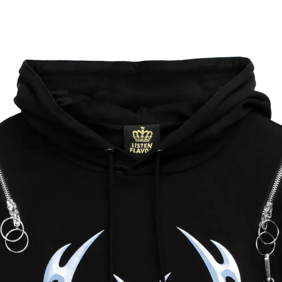 LISTEN FLAVOR Metal Heart Shoulder Zip Chain Short Sleeve Hoodie