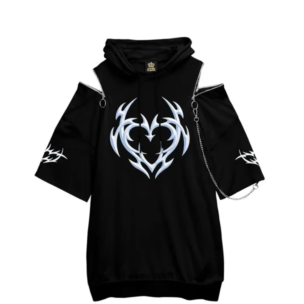 LISTEN FLAVOR Metal Heart Shoulder Zip Chain Short Sleeve Hoodie