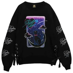 LISTEN FLAVOR Moonlit Night Black Cat Lace-Up Pullover