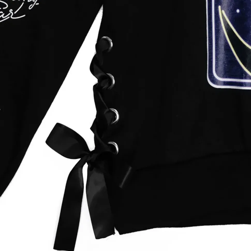 LISTEN FLAVOR Moonlit Night Black Cat Lace-Up Pullover