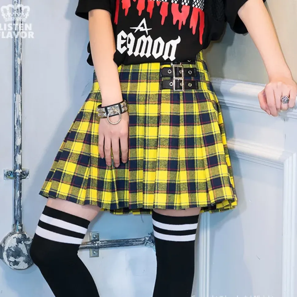 LISTEN FLAVOR Pleated Plaid Skirt w/ Side Belts