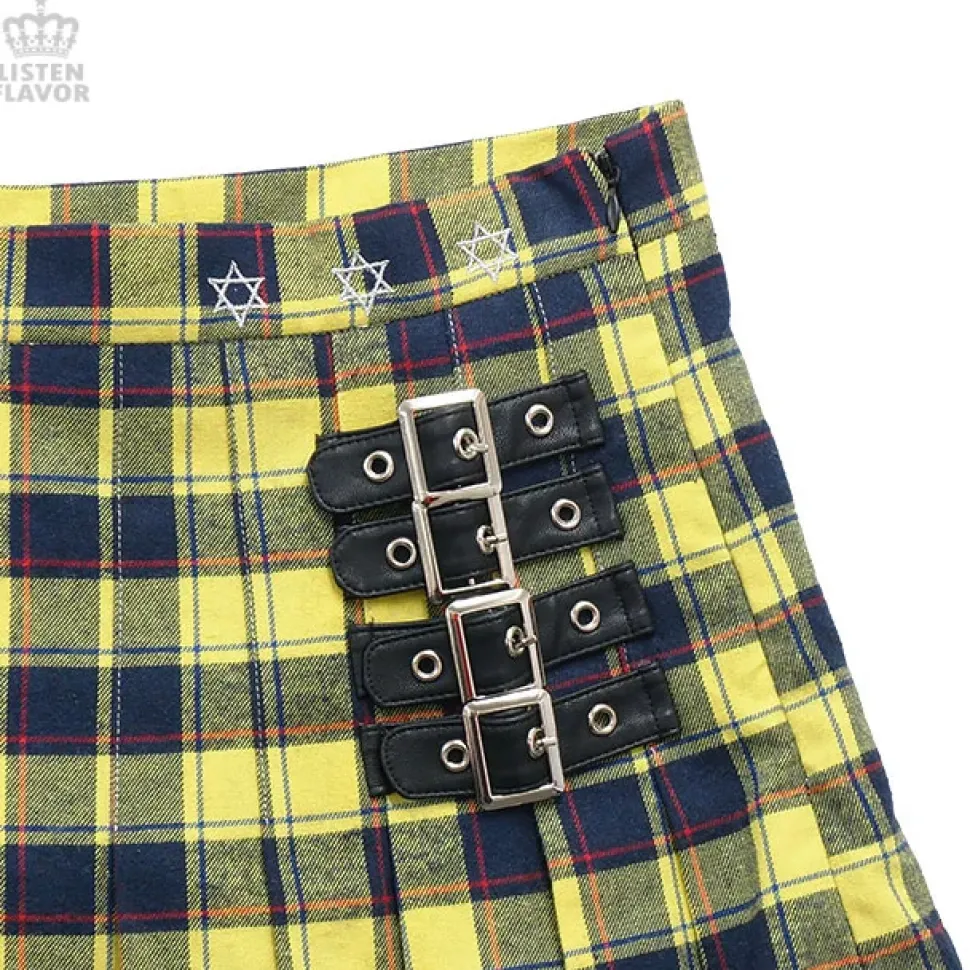 LISTEN FLAVOR Pleated Plaid Skirt w/ Side Belts