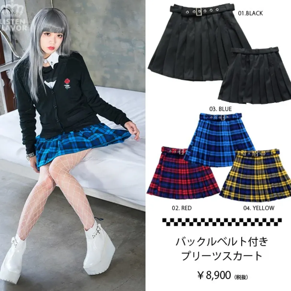 LISTEN FLAVOR Pleated Skirt w/ Belt