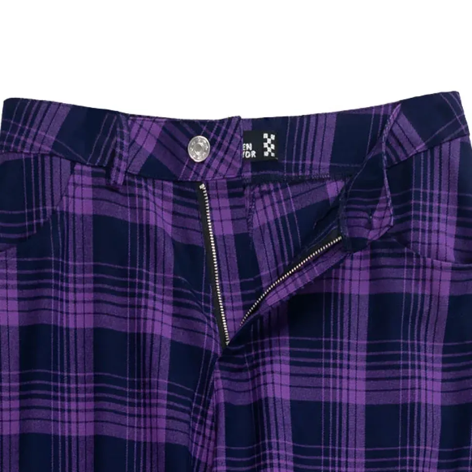 LISTEN FLAVOR Purple Plaid Fire Embroidered Zip Slit Wide Pants