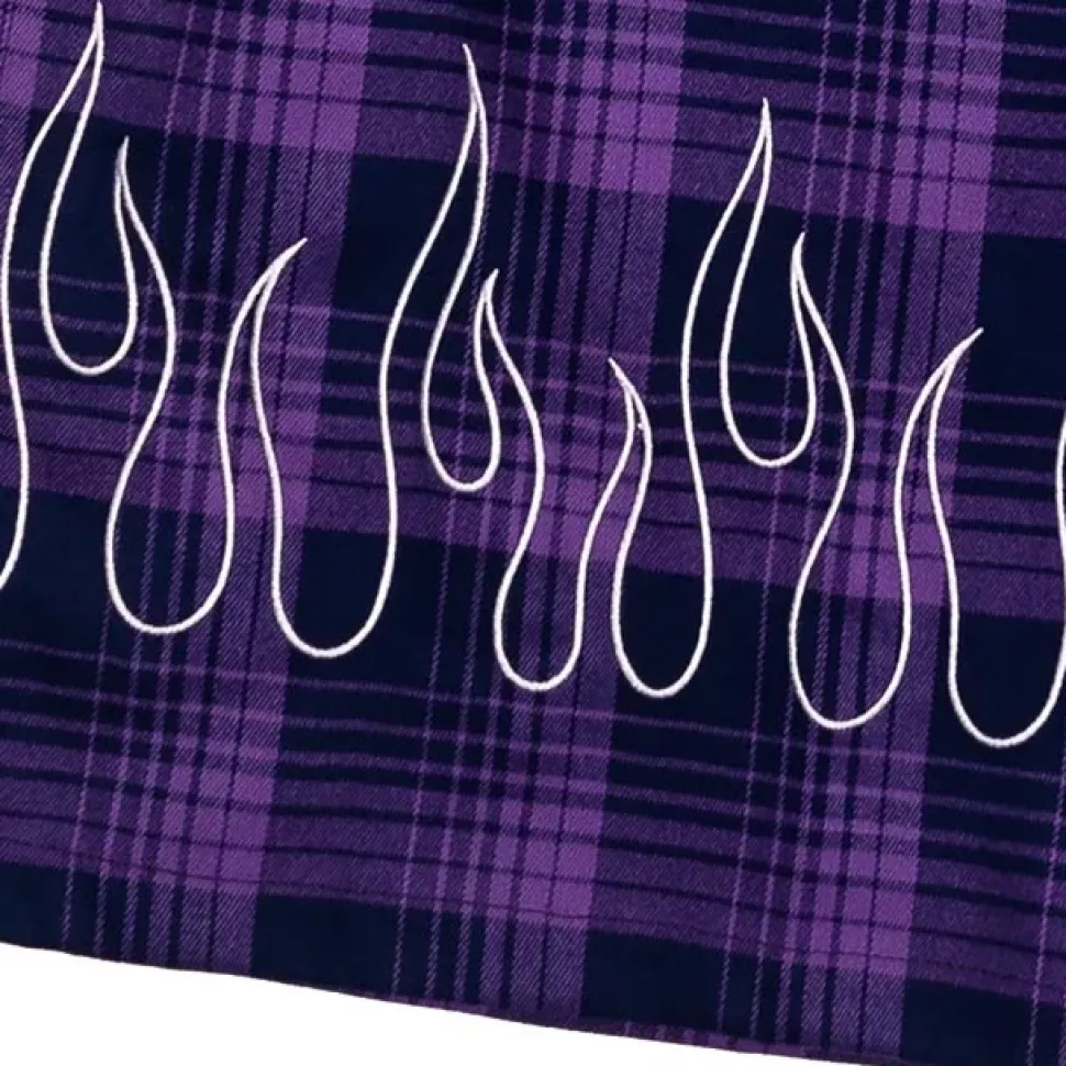 LISTEN FLAVOR Purple Plaid Fire Embroidered Zip Slit Wide Pants