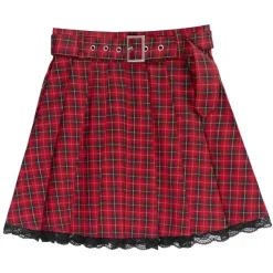 LISTEN FLAVOR Red Plaid Pleated Mini Skirt w/ Belt