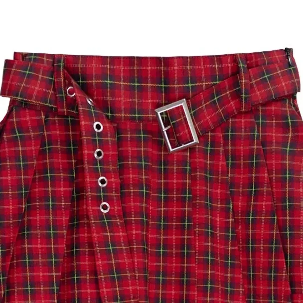 LISTEN FLAVOR Red Plaid Pleated Mini Skirt w/ Belt