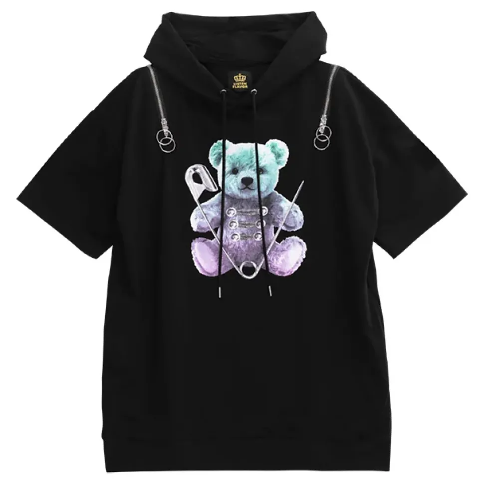 LISTEN FLAVOR Safety Pin Bear Shoulder Zip Short Sleeve Hoodie