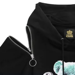 LISTEN FLAVOR Safety Pin Bear Shoulder Zip Short Sleeve Hoodie