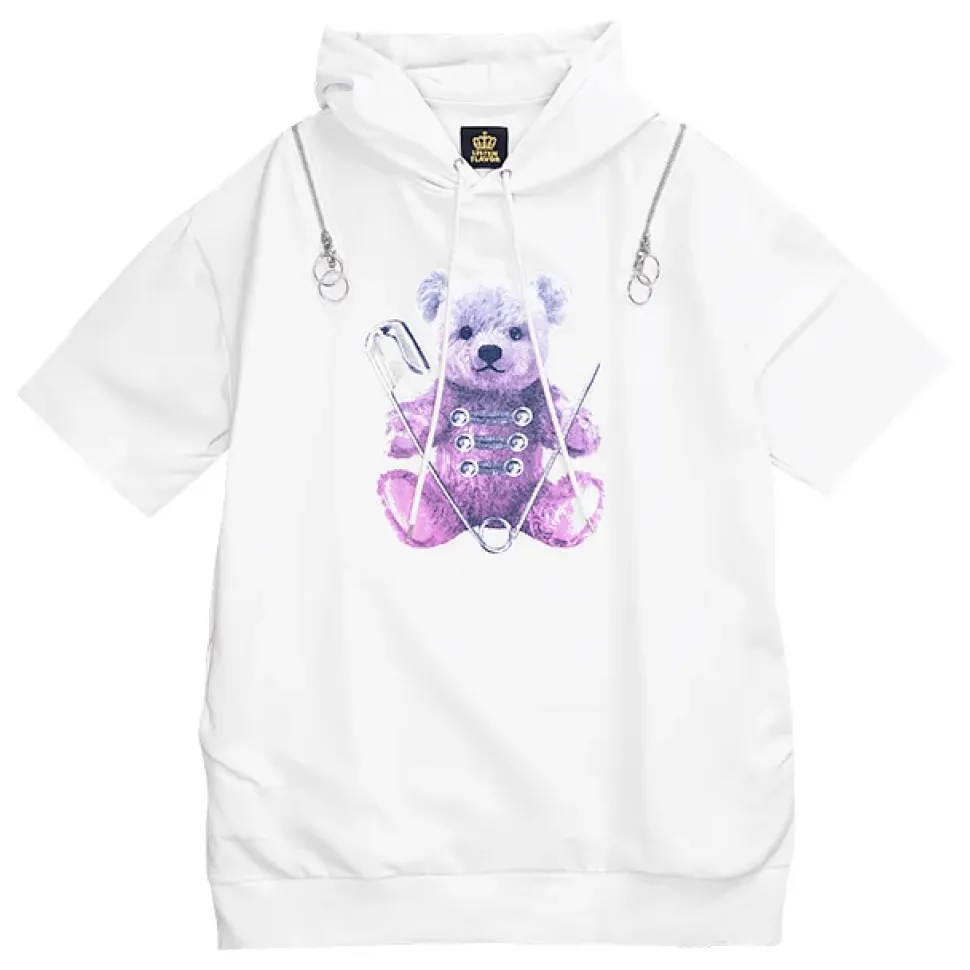 LISTEN FLAVOR Safety Pin Bear Shoulder Zip Short Sleeve Hoodie