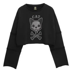 LISTEN FLAVOR Skull Cat Pigment Pullover Vintage Black