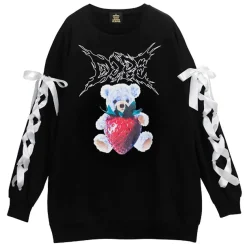 LISTEN FLAVOR Strawberry Bear Lace-Up Sleeve Pullover