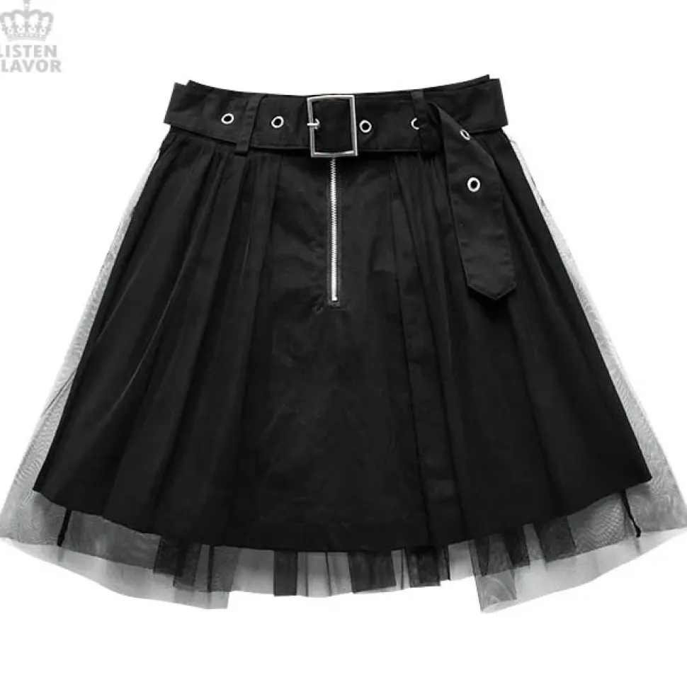 LISTEN FLAVOR Tulle Pleated Mini Skirt w/ Belt